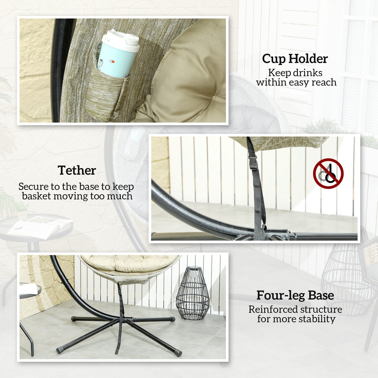 Outsunny Hanging Egg Chair: Indoor/Outdoor Swing with Stand, Cushion, Cup Holder for Patio/Balcony, Khaki