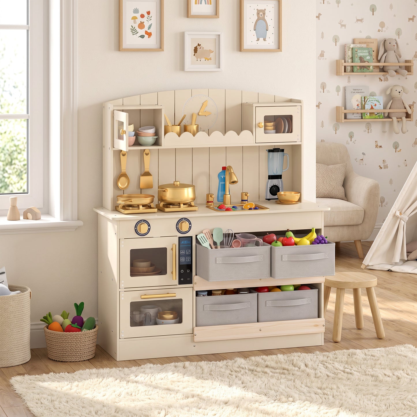 AIYAPLAY Kids Play Kitchen with Lights & Sounds, Pretend Play Toy set with 4 Fabric Drawers, 12-Piece Accessories for 3-6 Years