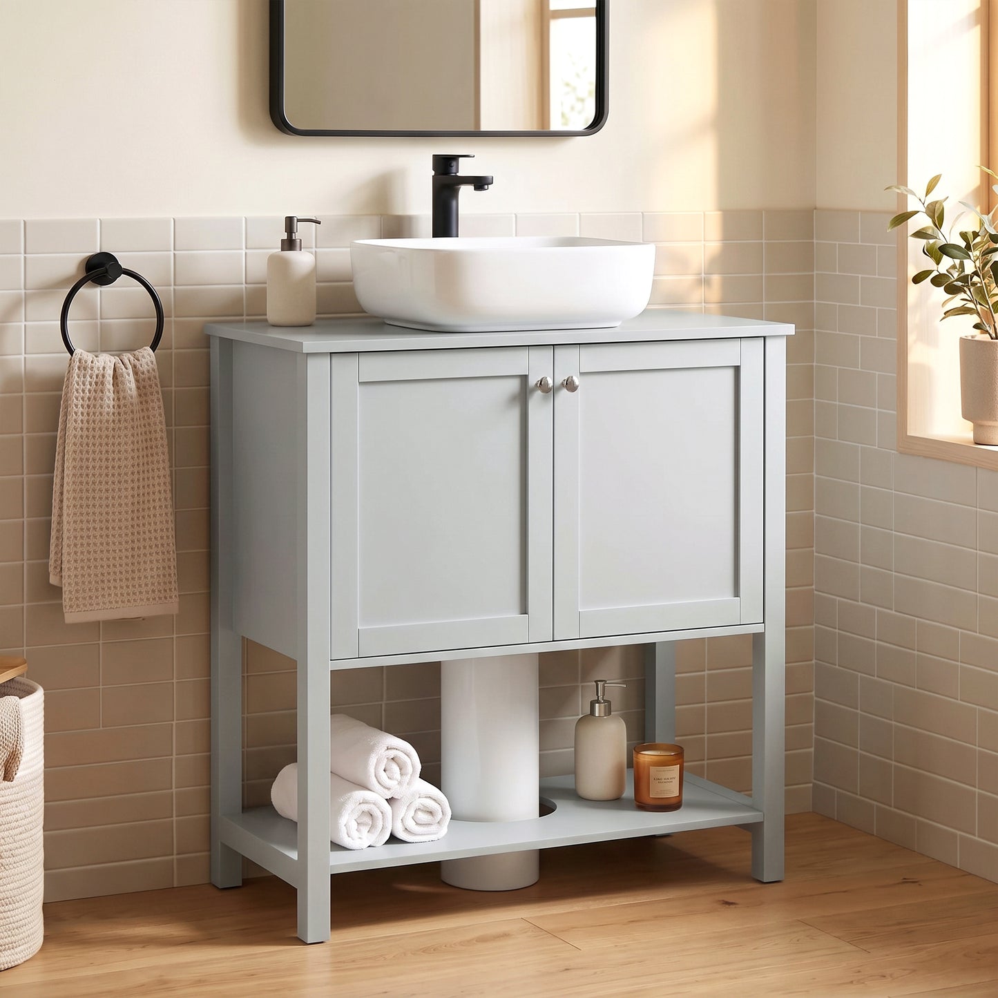 HOMCOM Under Sink Bathroom Cabinet with 2 Doors, Open Shelf and U-Shape Cut-Out for Basin with or without Pedestal, Light Blue