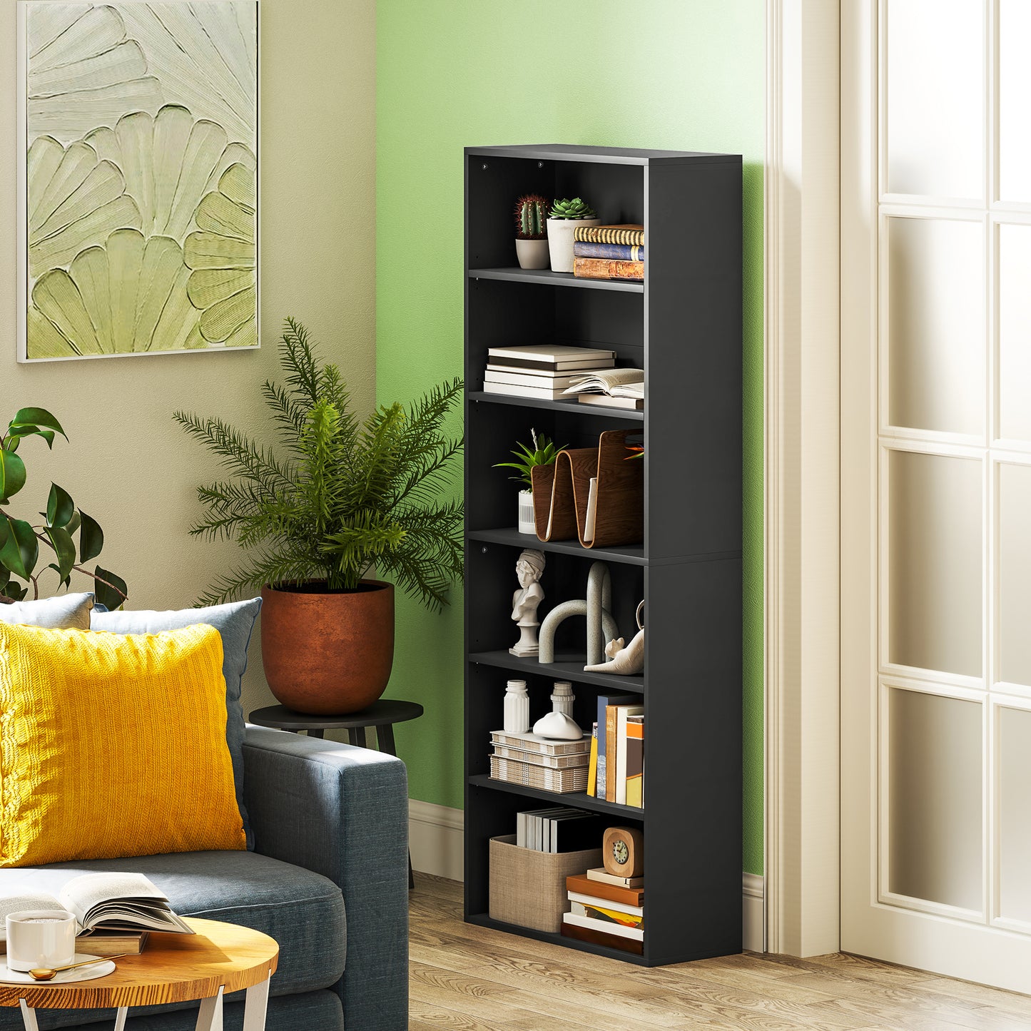 HOMCOM 6 Tier Bookshelf, Freestanding Bookcase with Adjustable Shelves, Storage Unit for Living Room, Bedroom, Study, Black