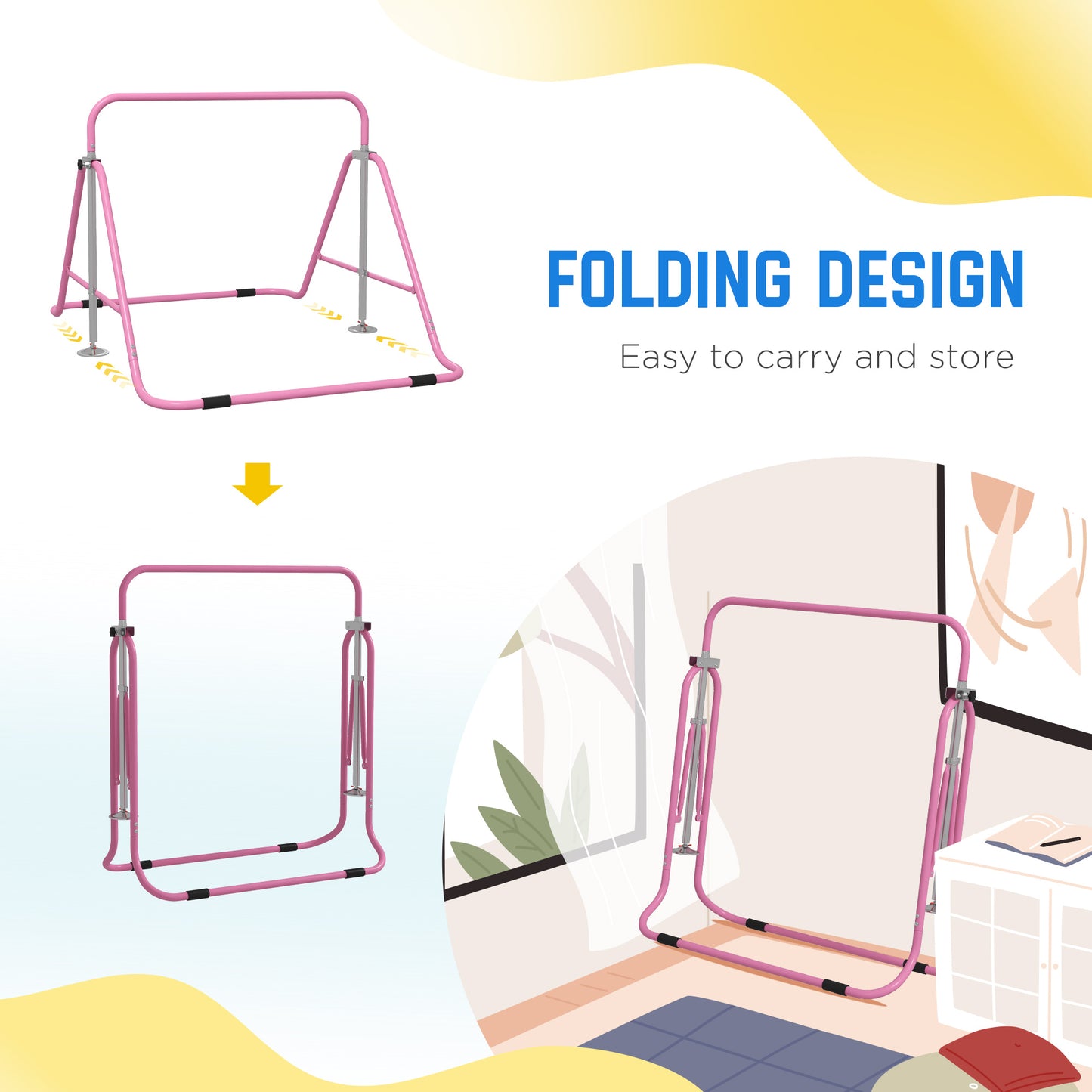 HOMCOM Kids Gymnastics Bar w/ Adjustable Height Foldable Horizontal Bars Pink
