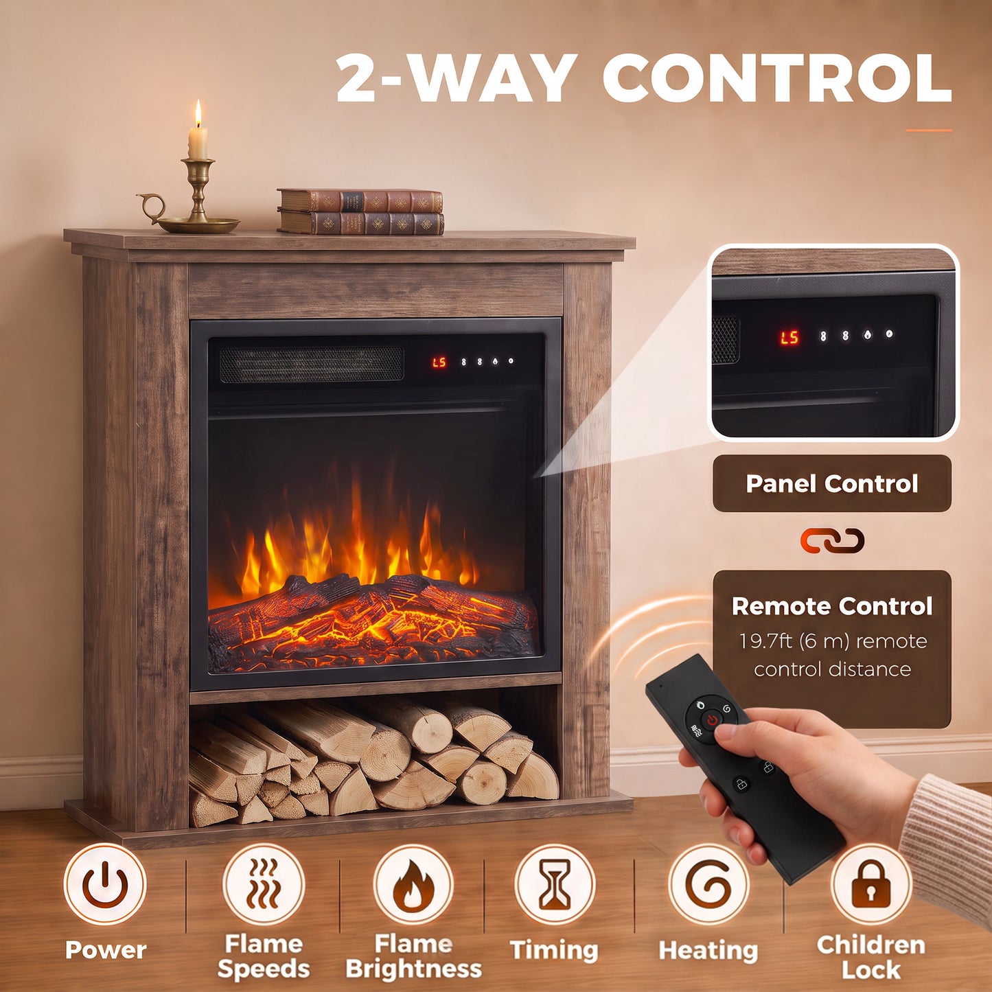 HOMCOM Electric Fireplace Suite with Shelf, 25" 1800W Electric Fire and Surround with LED Flame, 5 Brightness, Remote, Oak