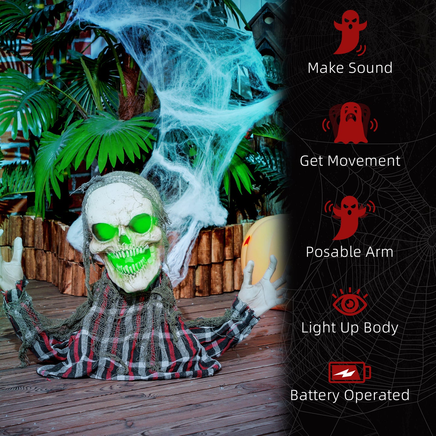 HOMCOM 70cm Groundbreaker Skeleton Halloween Animatronic with Sound, Lights, and Effects