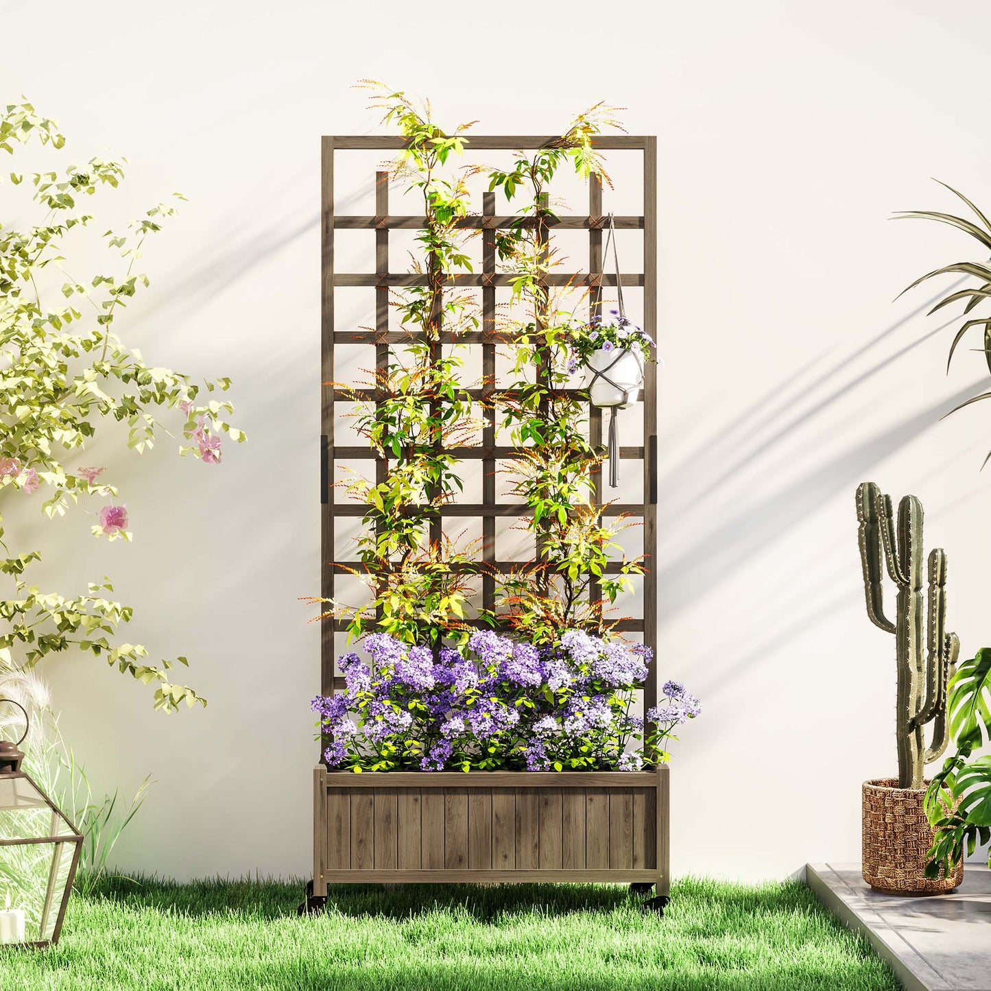 Outsunny Wooden Trellis Planter, Raised Garden Bed with Wheels, to Climb and Grow Vegetables, Herbs and Flowers, Brown