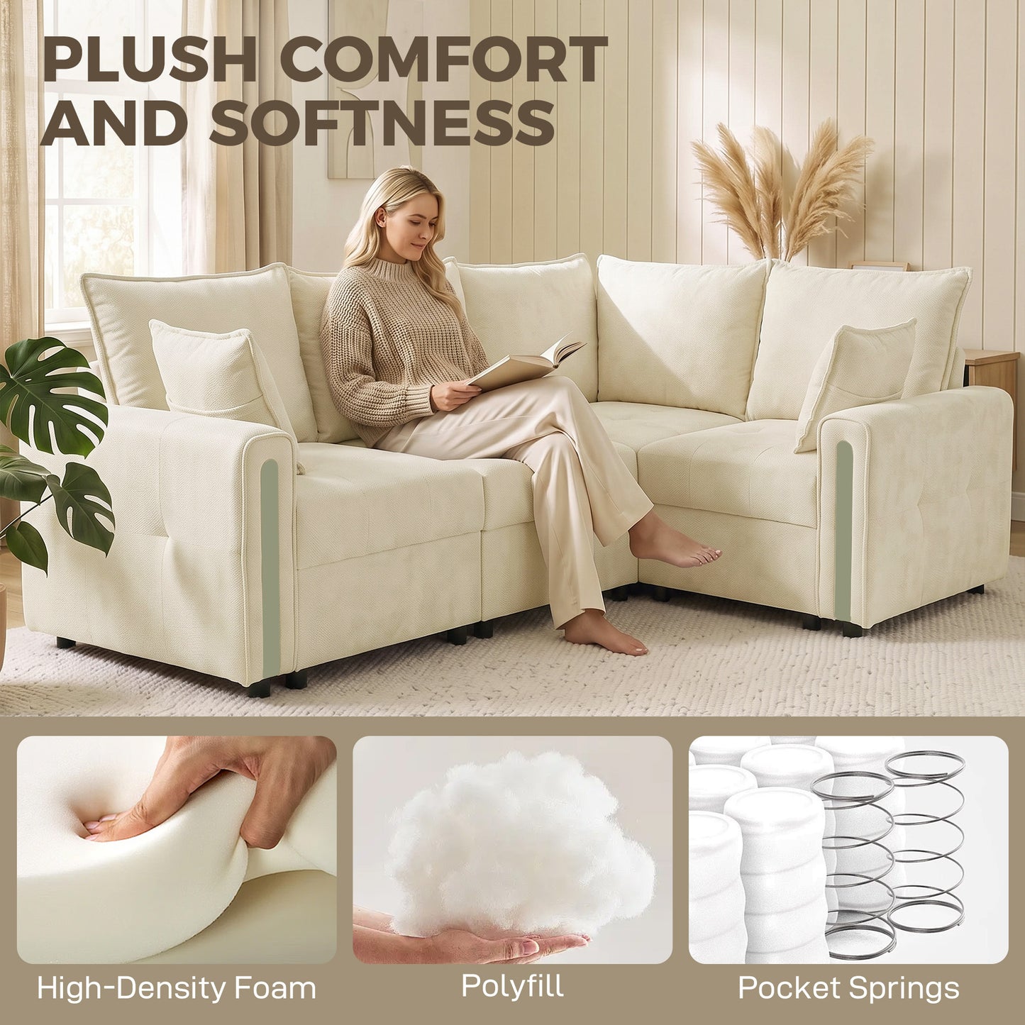 HOMCOM 228cm L Shaped Sofa with Lift-Up Storage, 3-Seater Sectional Sofa with Wide Deep Seat, Beige