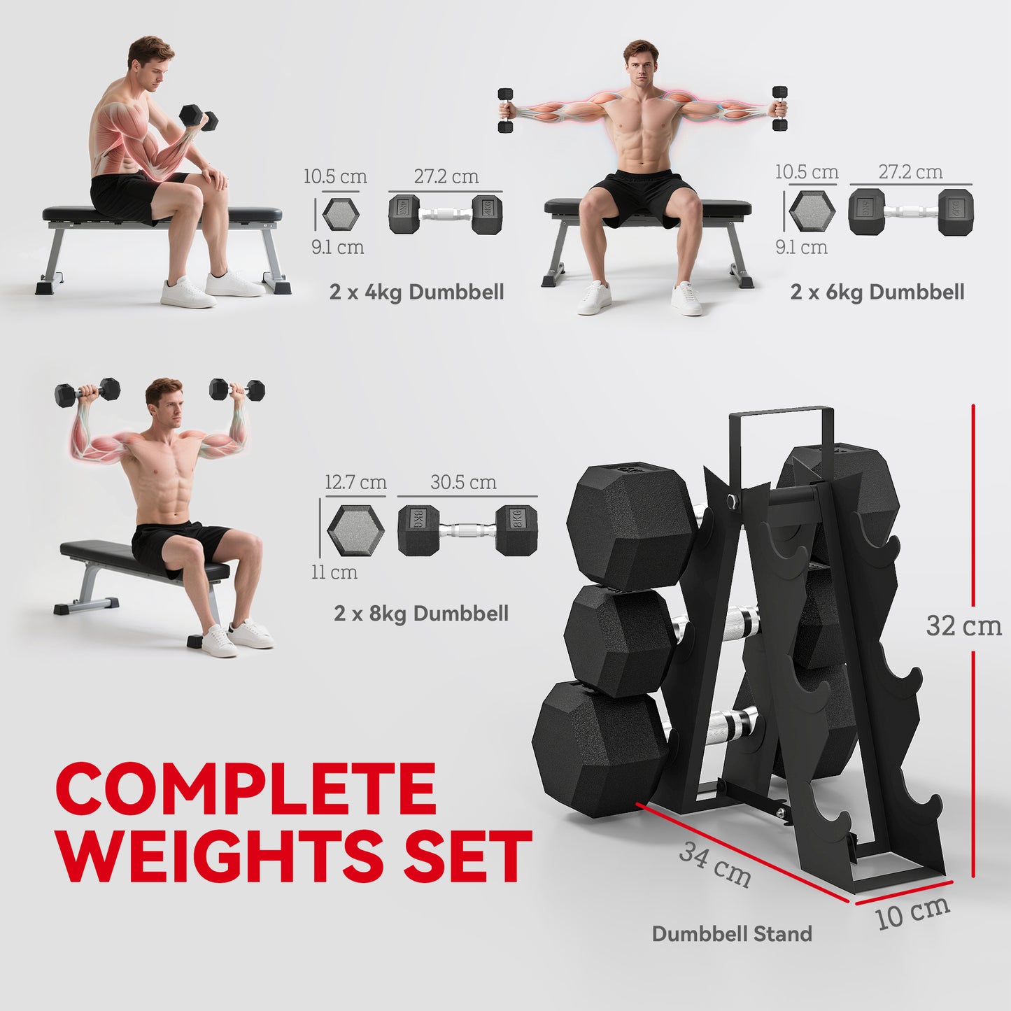 SPORTNOW Hex Dumbbell Set with Rack, Rubber Coated, Non-Slip Chrome Handles, for Home Gym Training, 2x2kg, 2x5kg, 2x8kg, Black