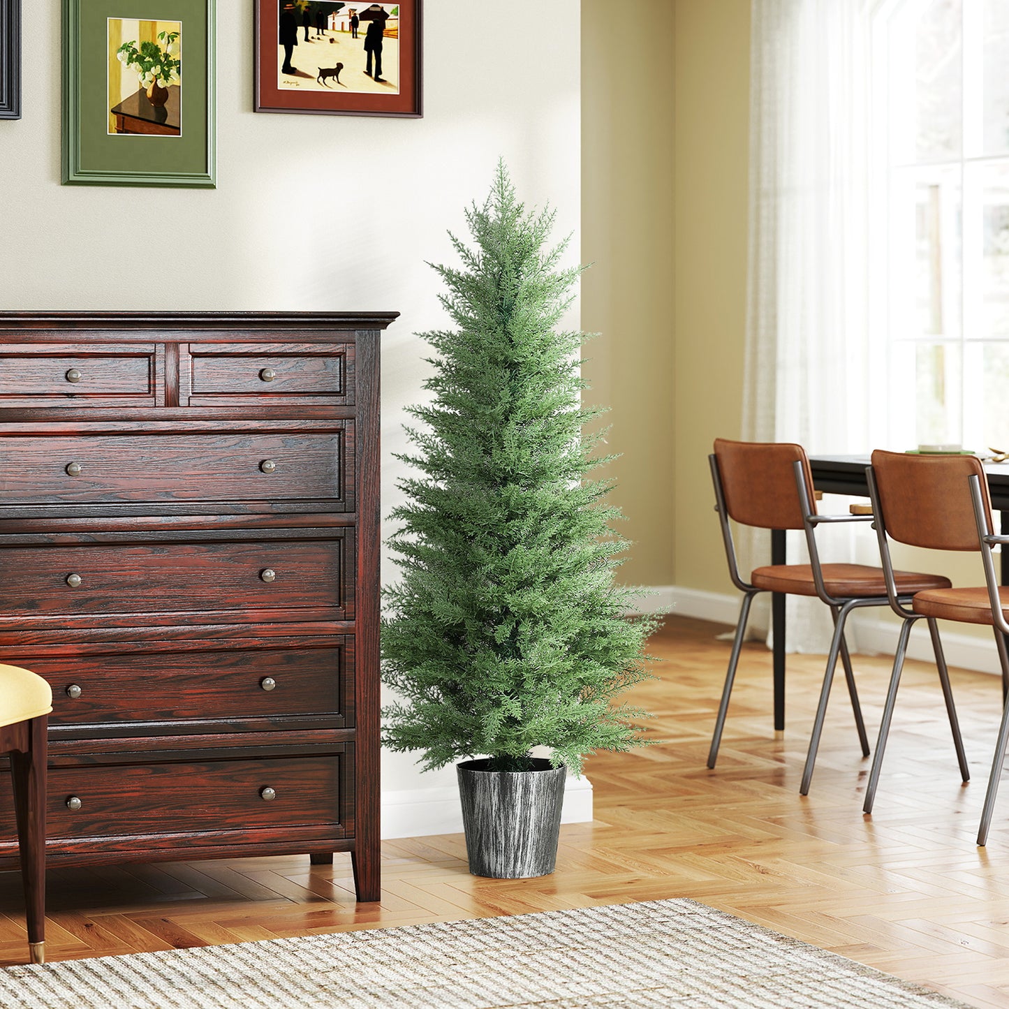 HOMCOM 135cm Artificial Cypress Trees Set of 2, UV Resistant with Decorative Pot, Fake Plants for Indoor Outdoor Decor, Green