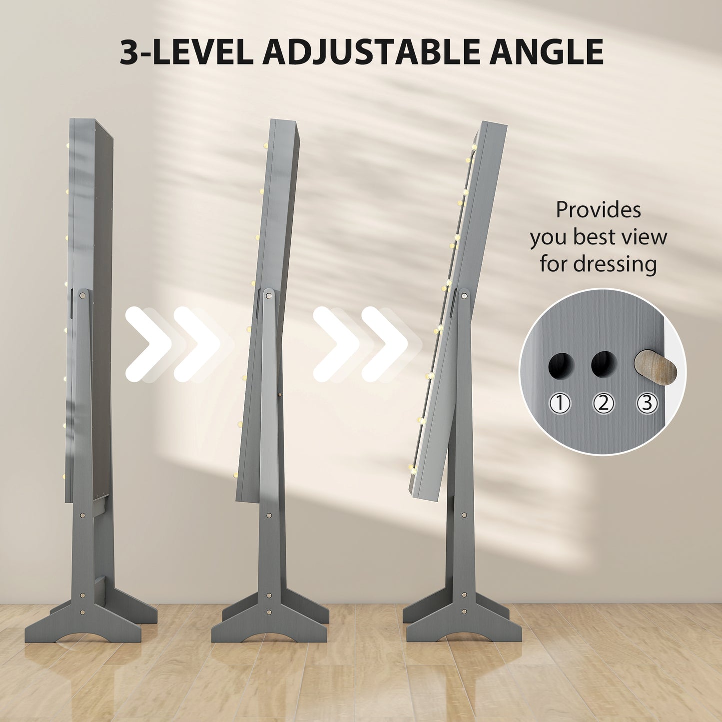 HOMCOM Freestanding Jewelry Cabinet with LED, Adjustable Full-Length Mirror and Organizer for Necklaces, Earrings, Rings, Lipsticks, Grey