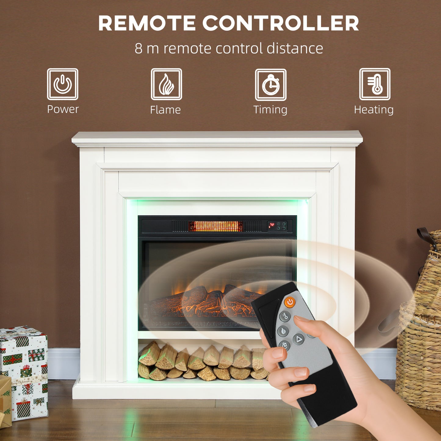 HOMCOM Electric Fireplace, RGB LED, Real Flame, 3 Brightness, 1800W, 30m² Coverage, Remote & Timer, Inset Fire & Mantel for Living Room, White