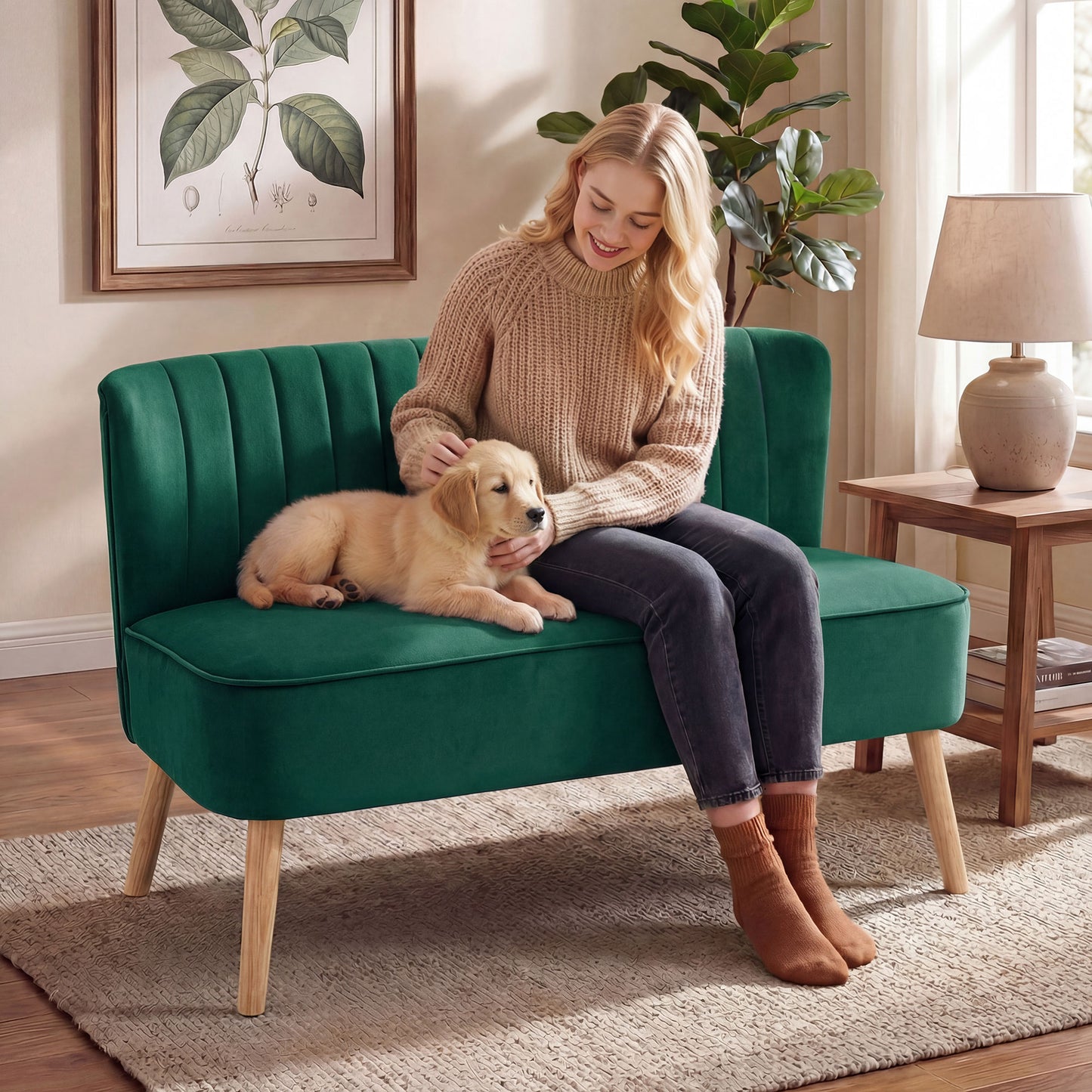 HOMCOM 46" Loveseat Sofa Upholstered Small 2 Seater Sofa  with Thick Padded Seat and Rubber Wood Legs, Dark Green