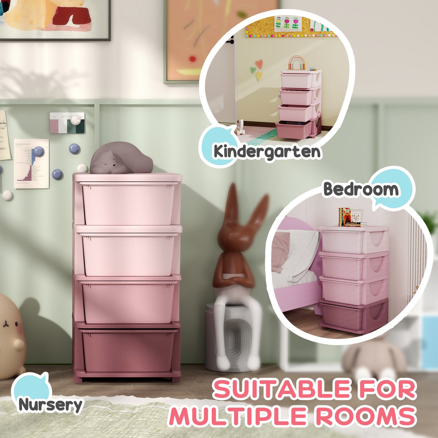 HOMCOM Four-Tier Kids Storage Boxes, with Four Drawers - Pink