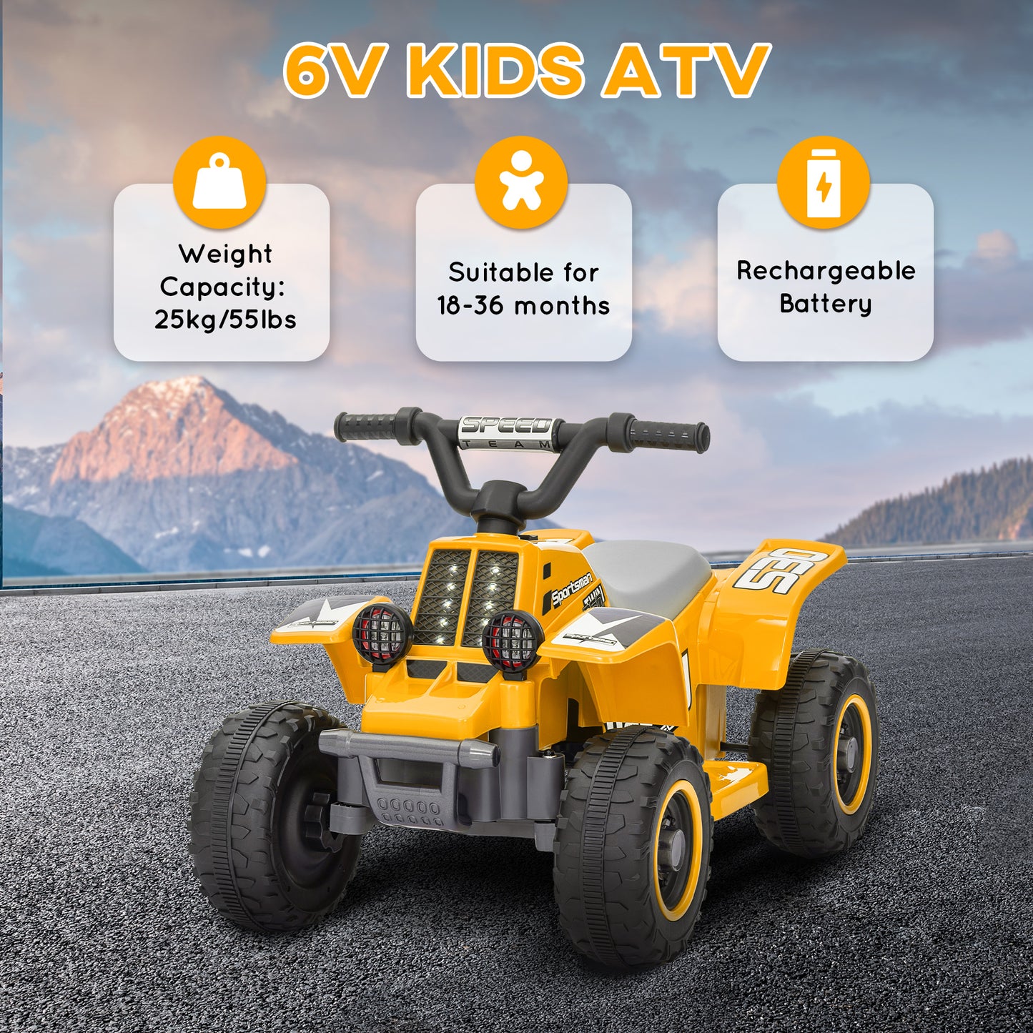 AIYAPLAY 6V Electric Quad Bike for Kids, Ride On ATV w/ Forward Backward, Headlights, for 18-36 Months - Yellow