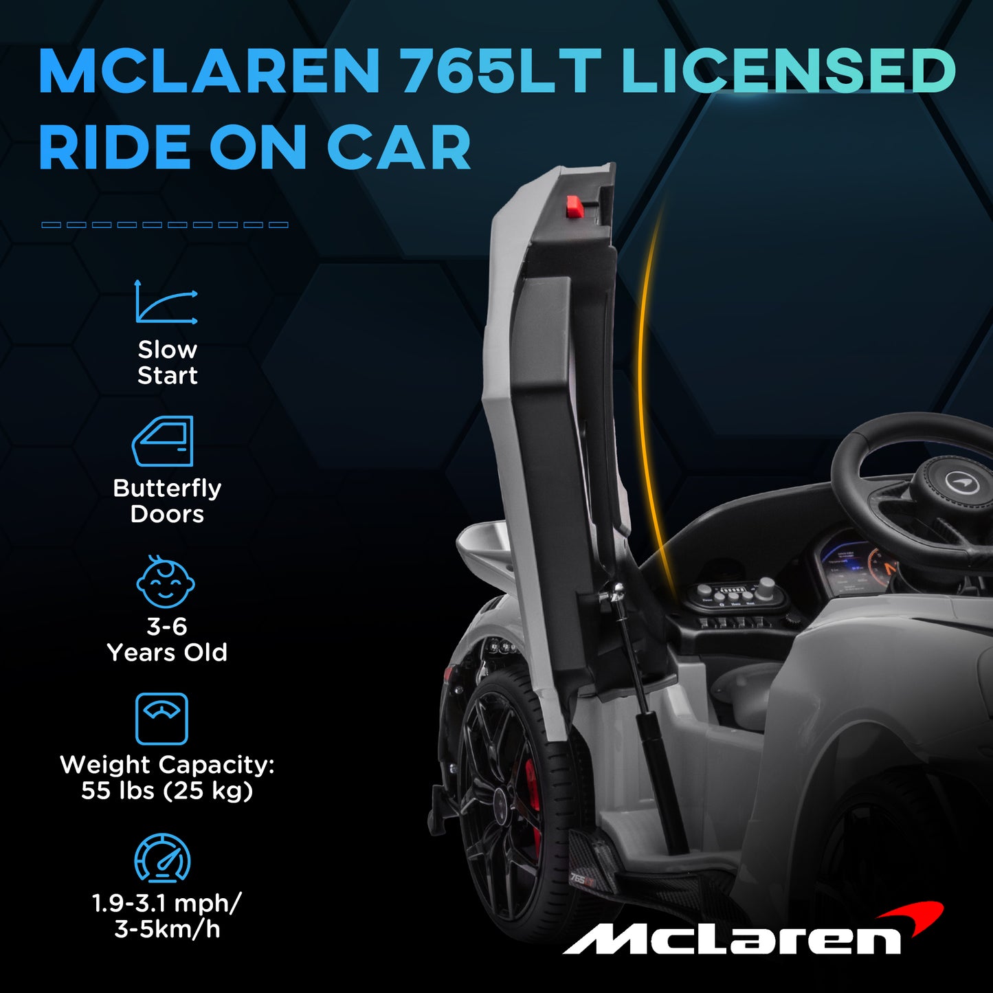 AIYAPLAY McLaren 765LT Licensed 12V Kids Electric Ride on Car with Butterfly Doors Remote Control Training Wheels Grey