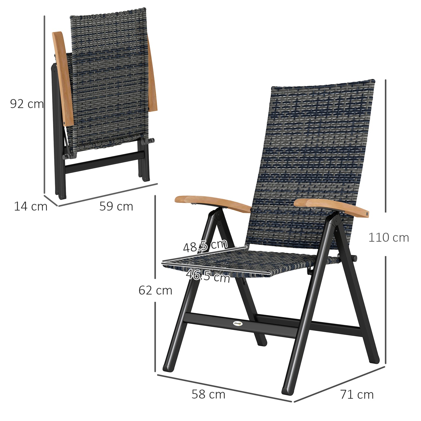 Outsunny Outdoor Foldable Dining Chair with Armrests, High Backrest, for Garden, Camping, Balcony, Porch, Mixed-grey