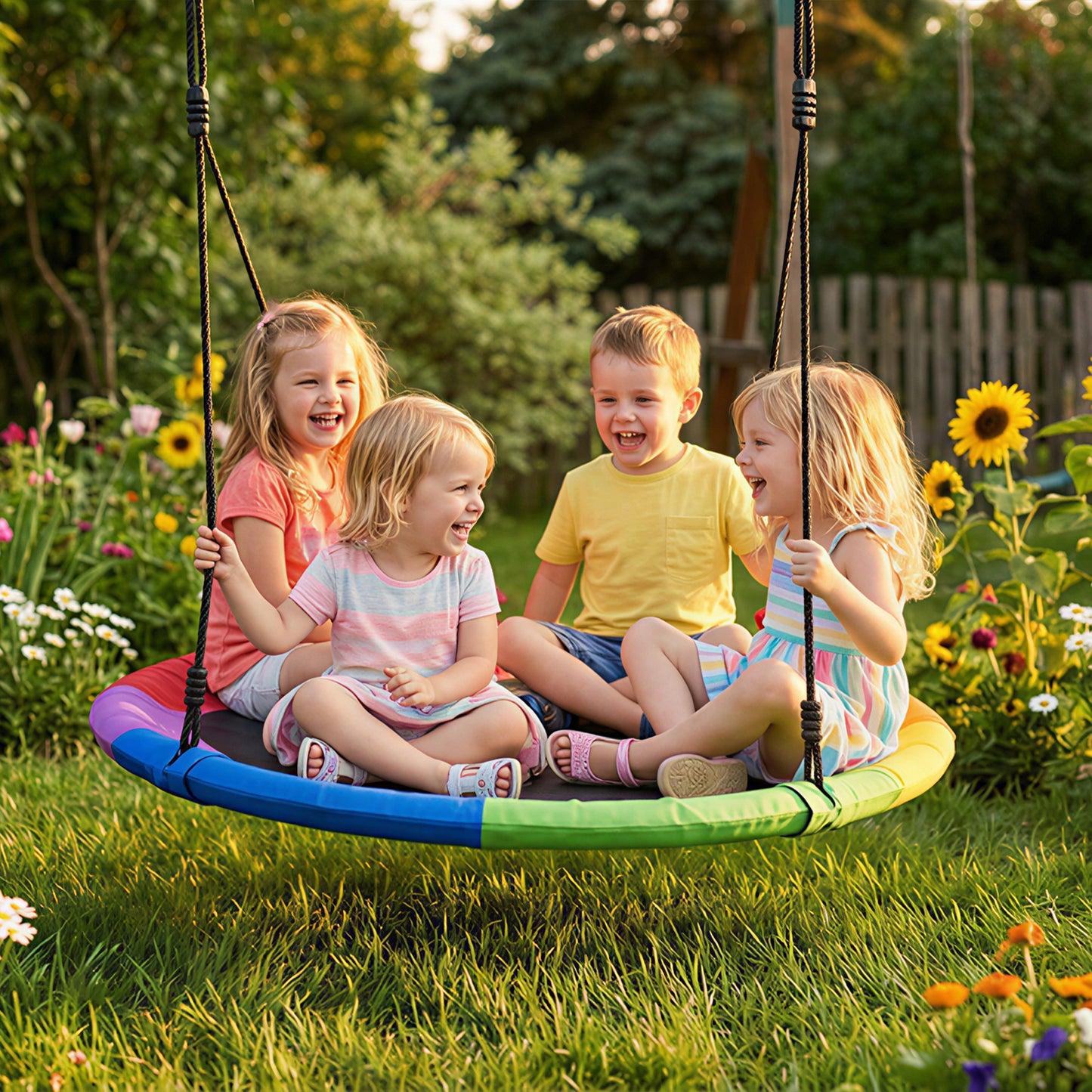 AIYAPLAY Tree Swing Seat, 120cm Kids Saucer Swing with Adjustable Ropes and Tree Straps, 300kg Capacity, Multicolour