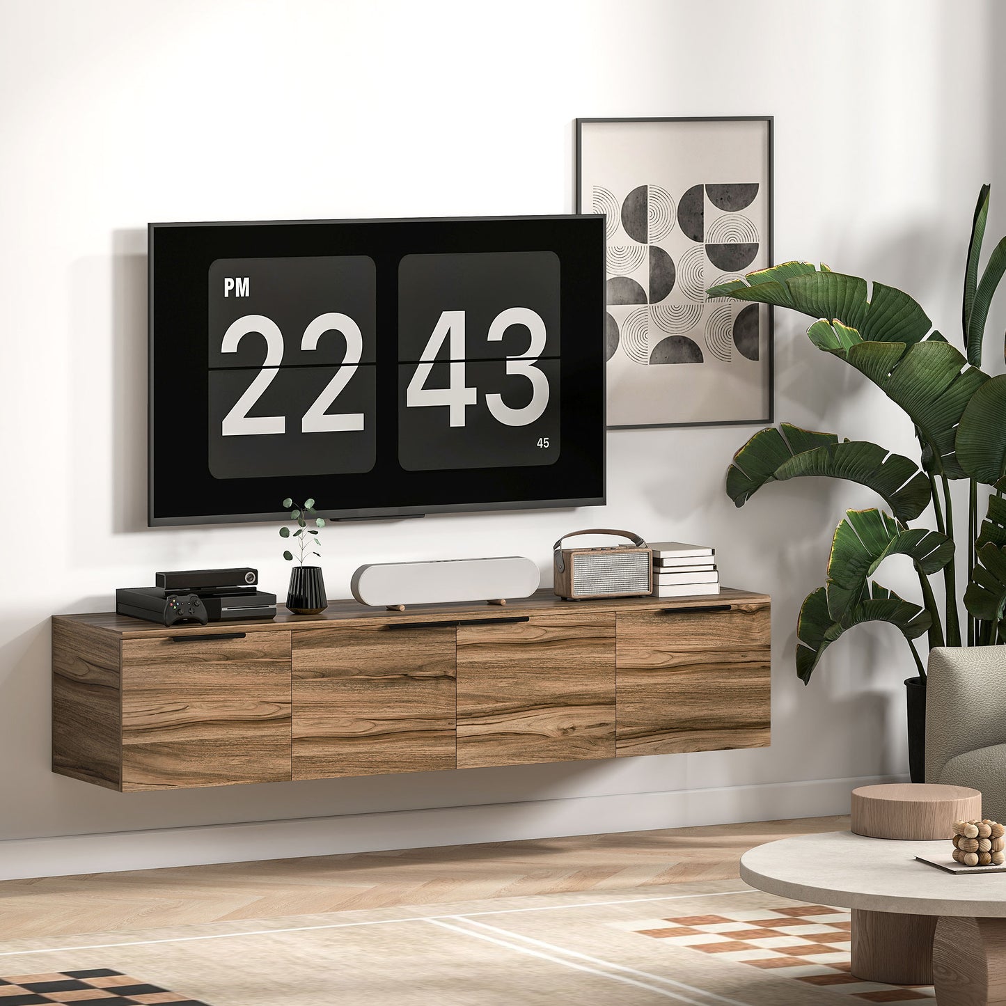 HOMCOM Wall Mounted TV Stand, 150 cm Floating Unit with Shelves and Doors, Media Console for Living Room, Bedroom, Rustic Brown