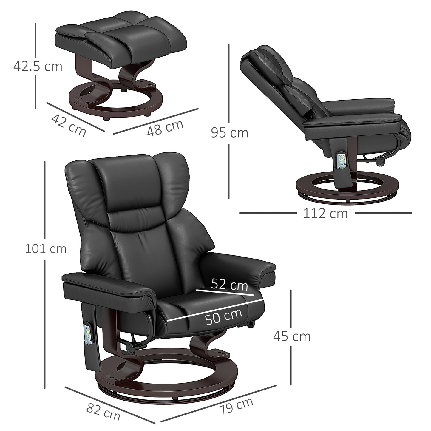 HOMCOM Massage Recliner Chair with Footstool, Upholstered Reclining Armchair, Adjustable Backrest, Steel Frame, Wood Base, Swivel, Black