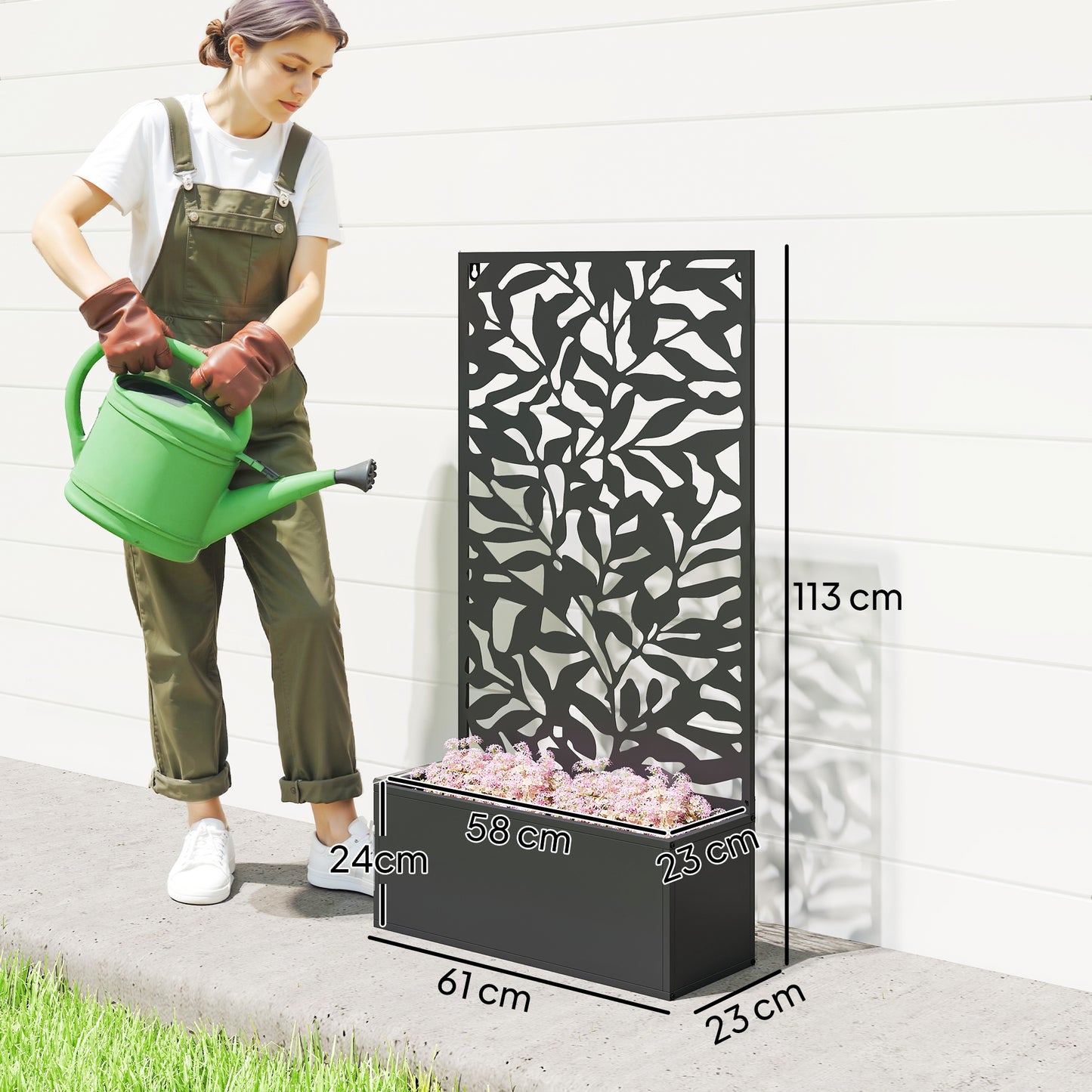 Outsunny Metal Garden Bed with Trellis, Wall Mounted or Freestanding Raised Planter with Privacy Panel, Black