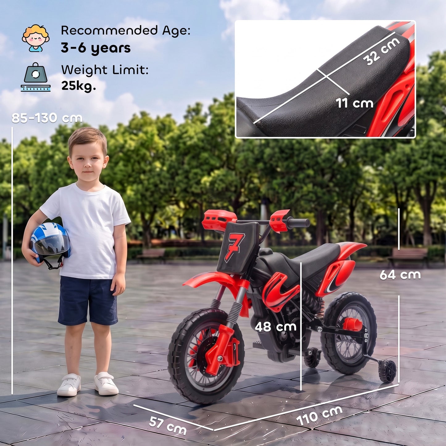 AIYAPLAY 12V Kids Electric Motorbike, Ride on Motorcycle with Dual Motors, Training Wheels, Rear Suspension for 3-6 Years, Red