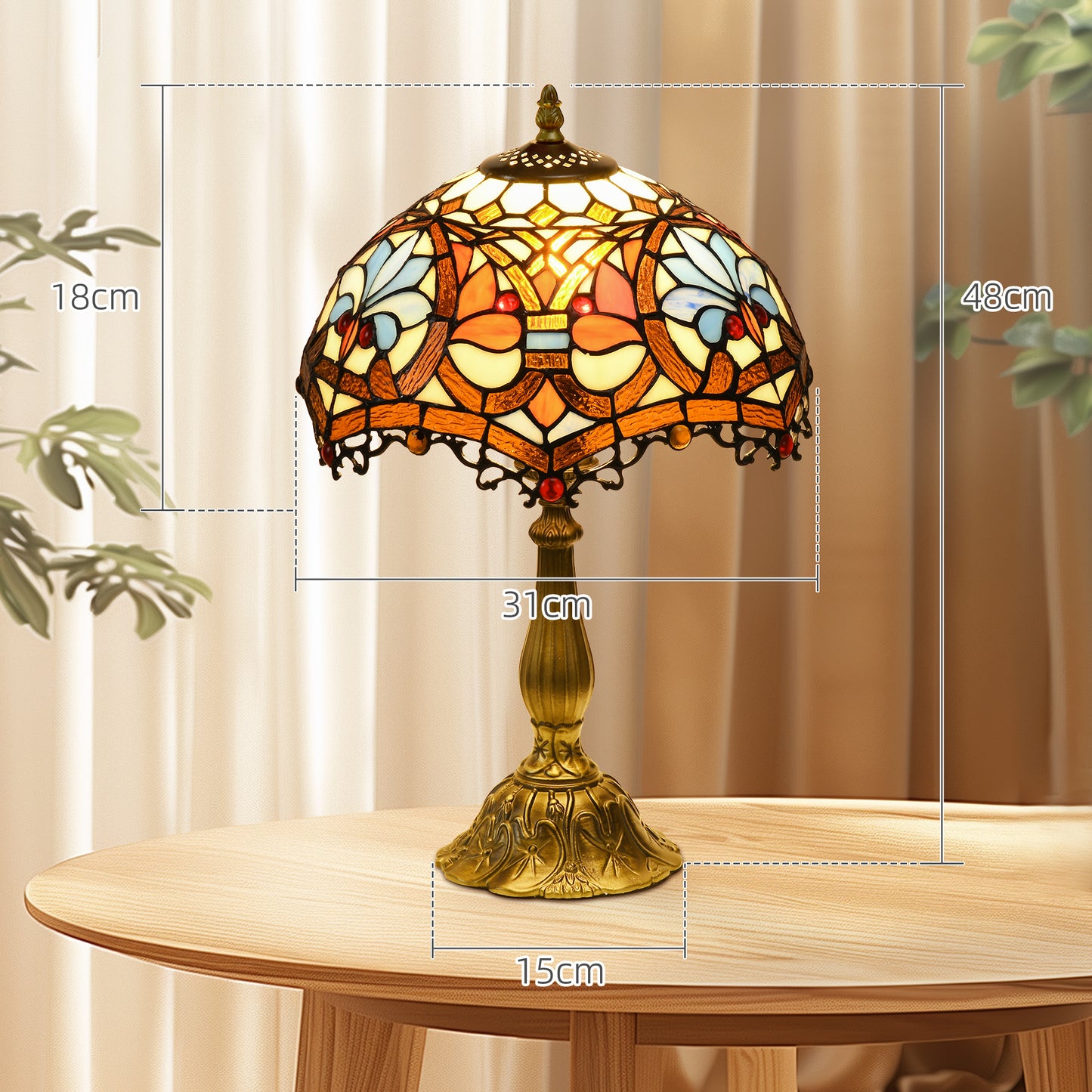 HOMCOM Stained Glass Table Lamp, Artisan Collectible, Multi-Coloured, Ф31x48cm, Zinc Alloy