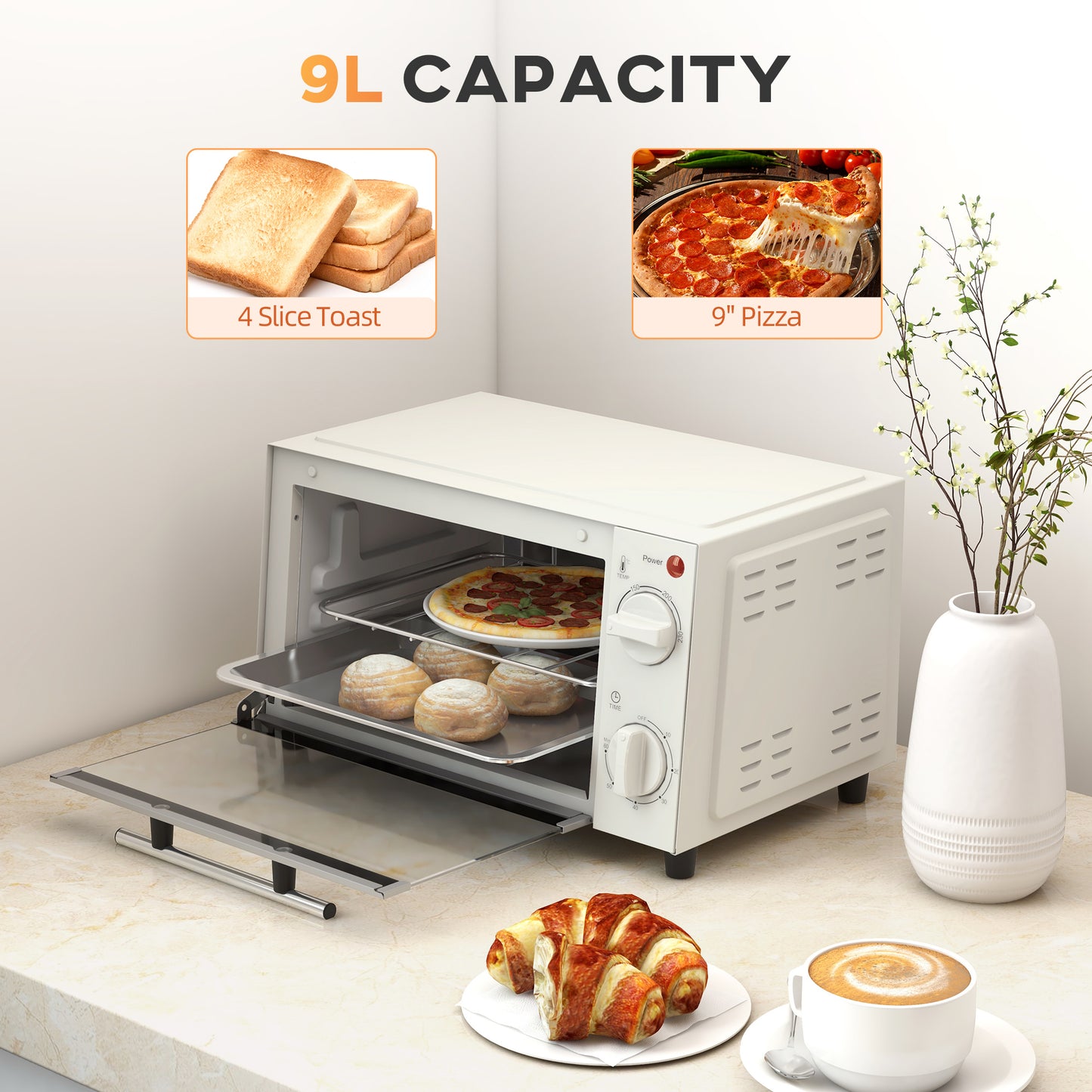 HOMCOM Mini Oven, 9L Countertop Electric Grill, Toaster Oven with Adjustable Temperature, Timer, Baking Tray and Wire Rack, 750W, Cream