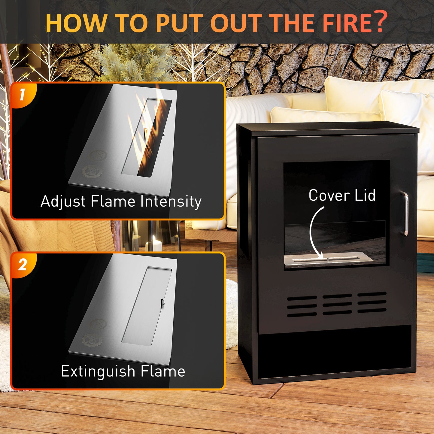 HOMCOM Ethanol Fireplace Stove, Bioethanol Burner, 0.9L Volume, 3.3 Hours Burn, Black