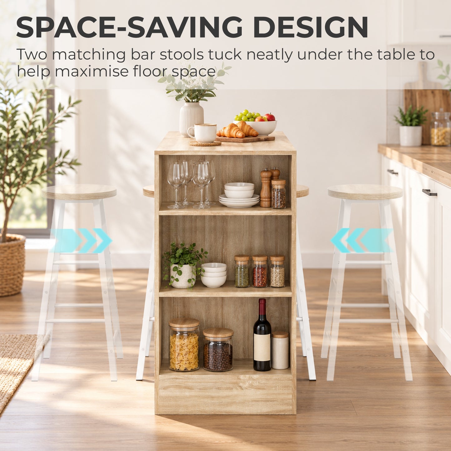 HOMCOM Breakfast Bar Table and Stools Set with 3 Tier Storage Shelves, Footrest and Metal Frame, 91 cm, Oak