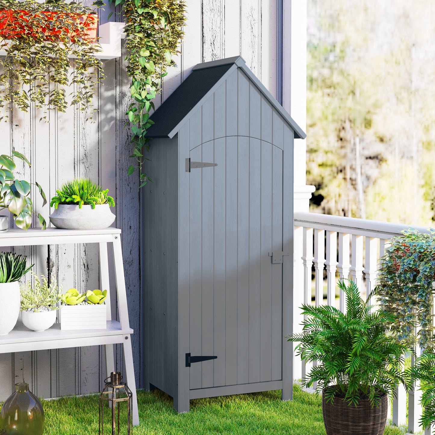 Outsunny Wooden Garden Storage Shed with 3 Shelves, Outdoor Tool Cabinet with Tilt Roof & Lockable Door, 77.5 x 54.2 x 179.5 cm, Grey