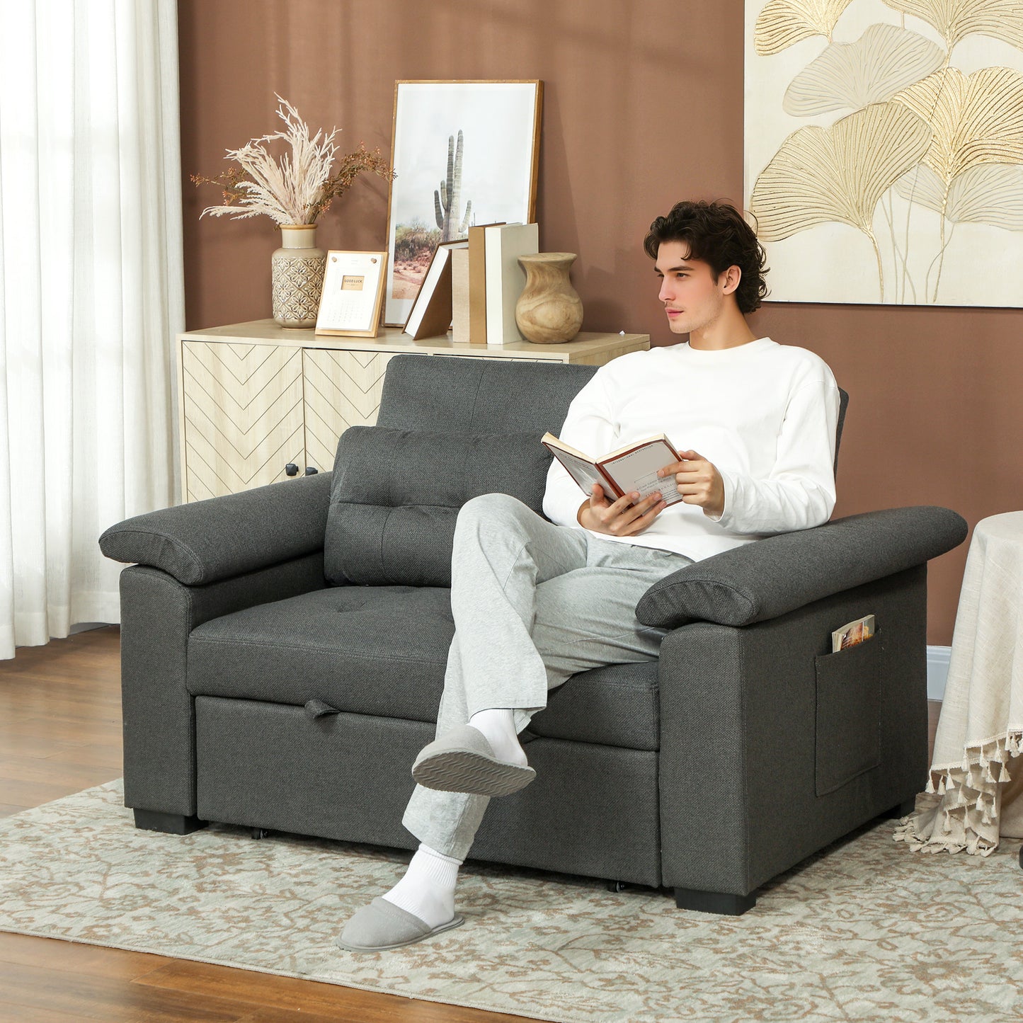 HOMCOM Pull Out Sofa Bed, 2 Seater Click Clack Convertible Couch with Pillows and Side Pockets for Living Room, Charcoal Grey