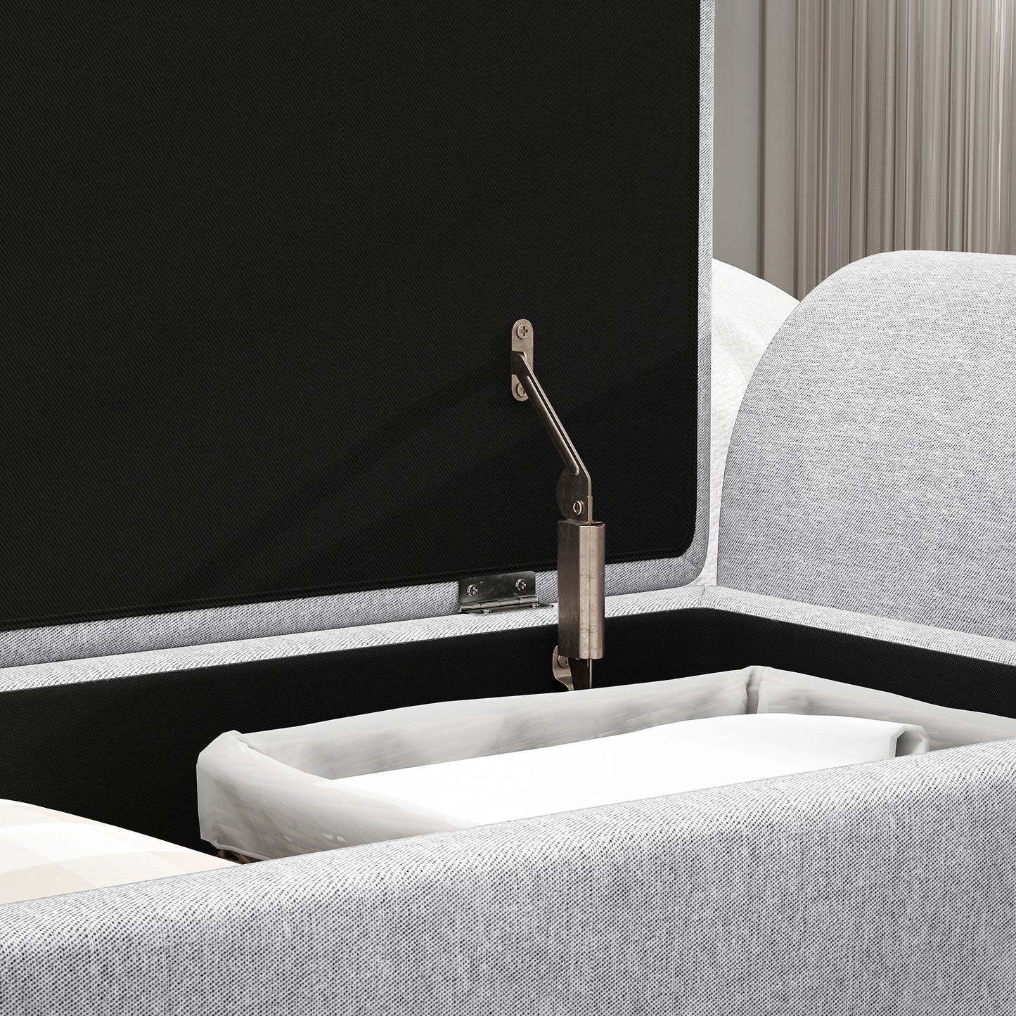 HOMCOM Storage Ottoman with Armrest, Upholstered Linen Bench, Rubberwood Legs, Footstool for Bedroom, Living Room, Hallway, Light Grey