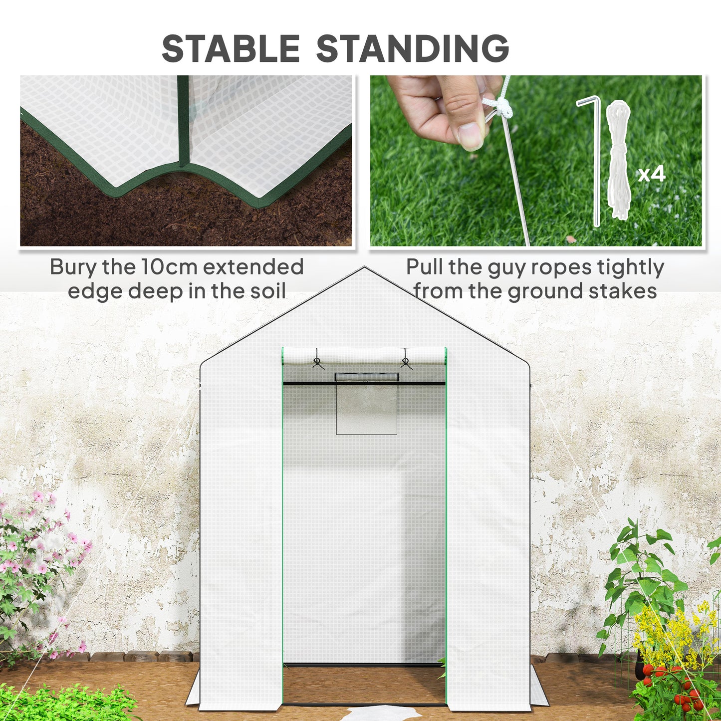 Outsunny Walk-in Greenhouse with 3 Tiers & 4 Shelves, Reinforced PE Cover, Roll-up Door, 143x74x190cm, White