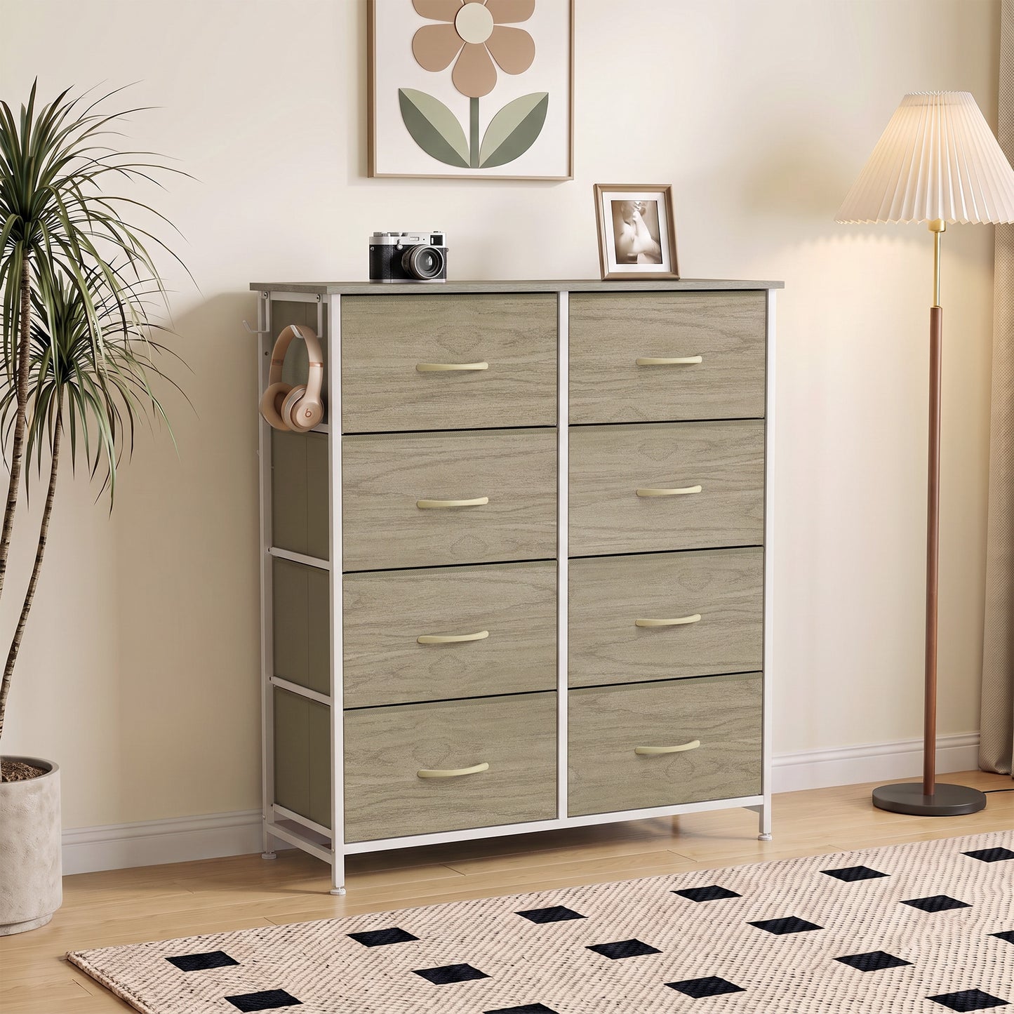 HOMCOM Chest of Drawers, Dresser for Bedroom with 8 Fabric Drawers, Tall Storage Unit w/ Side Storage Bag, Natural Wood Finish