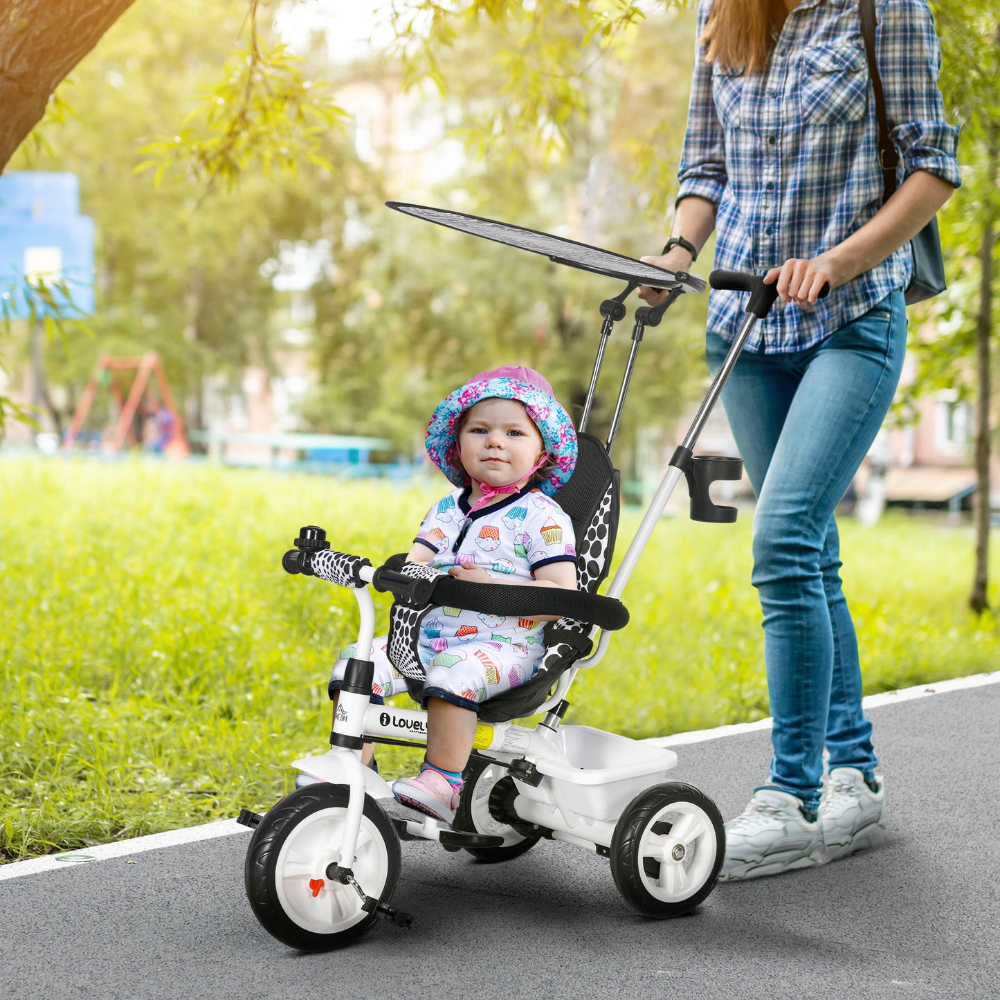 HOMCOM 4 in 1 Tricycle for Kids with 5-point harness straps Removable Canopy White