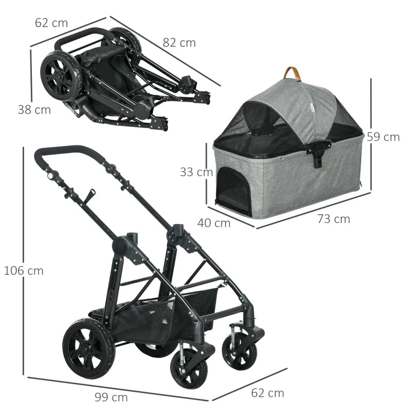 PawHut Dog Stroller Pushchair Detachable Pet Carrier Carrying Bag Foldable Trolley Shock Absorbing System Adjustable Handlebar for Small Dogs Grey