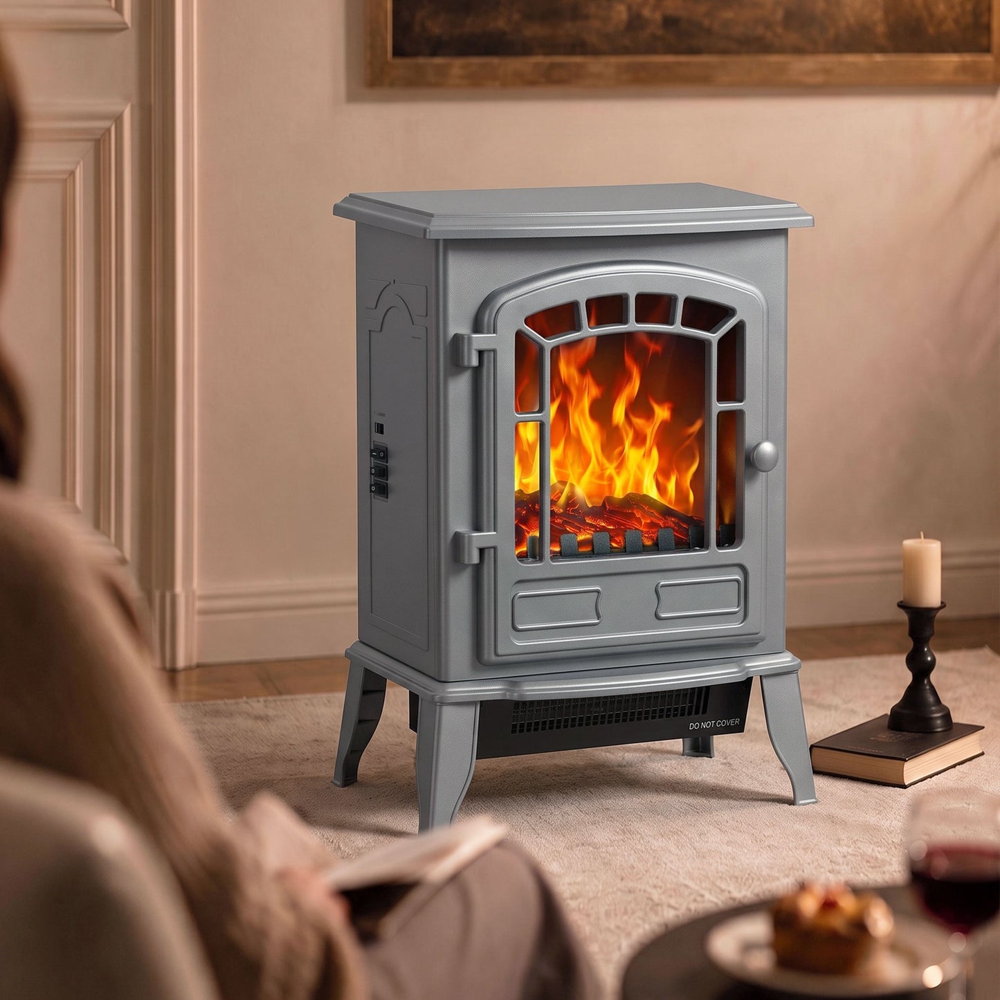 HOMCOM Electric Fireplace Stove, 1000W/2000W, Freestanding Electric Fire with LED Flame Effect, Adjustable Thermostat, Grey