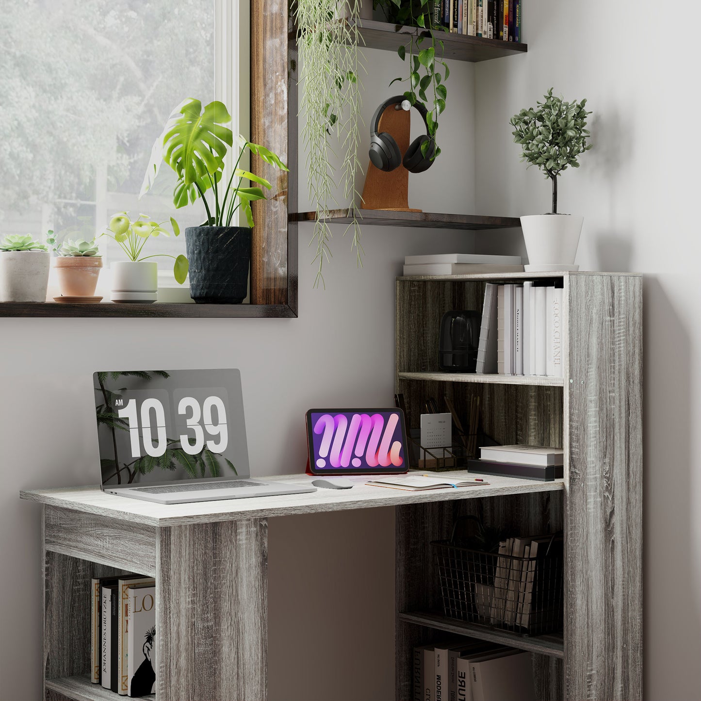 HOMCOM 120cm Modern Computer Desk Bookshelf Study Table Workstation PC Laptop Writing Home Office 6 Shelves, Grey Wood-Effect