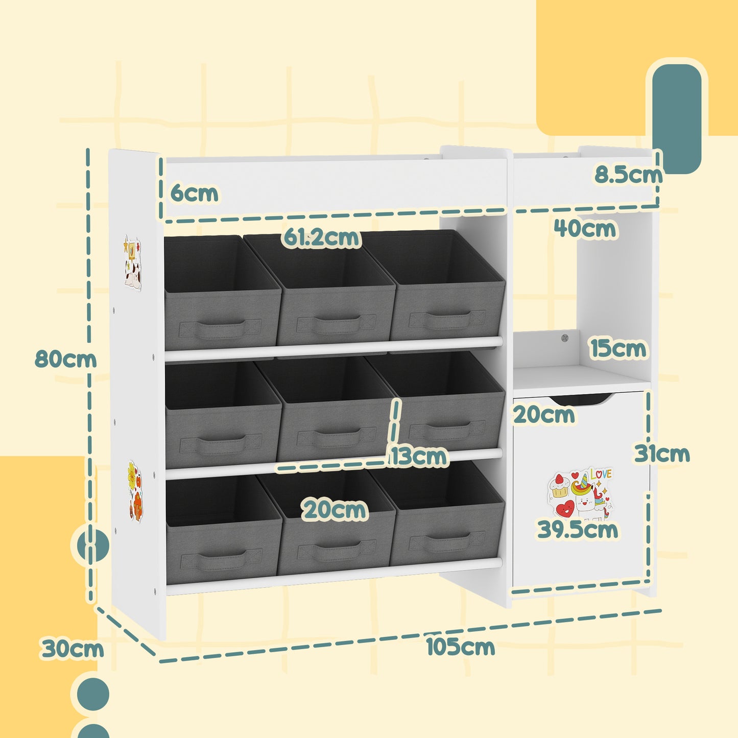 AIYAPLAY Kids Toy Storage, 9 Removable Fabric Bins, Wooden Toy Storage Units for Toys and Books for Bedroom, Nursery, White