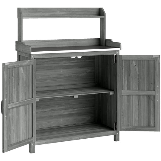 Outsunny Wooden Potting Bench Table with Aluminium Worktop, Outdoor Garden Workbench with Top Shelf and Cabinet Storage
