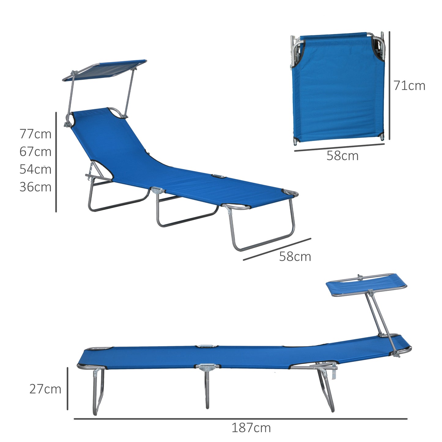 Outsunny 2-Piece Foldable Sun Lounger Set with Shade - Blue