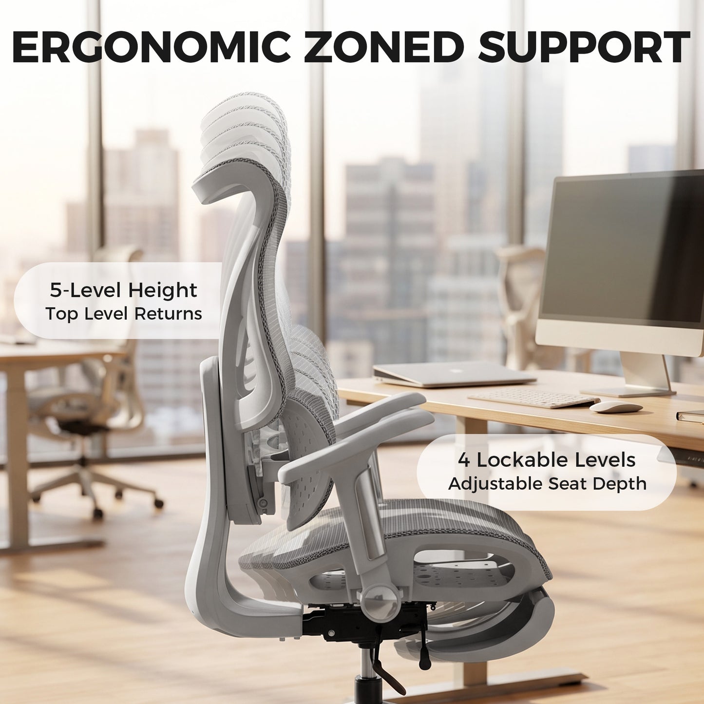 HOMCOM Ergonomic Office Chair with Lumbar Support, Mesh Reclining Desk Chair with Footrest, Adjustable High Back, Grey