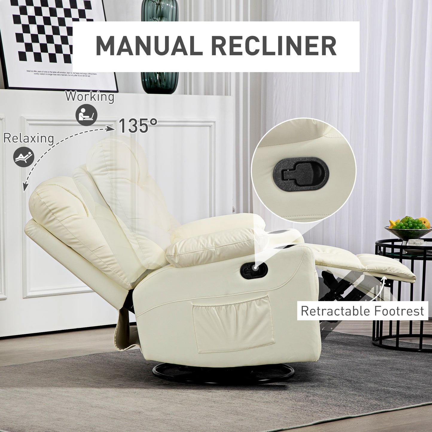 HOMCOM Manual Reclining Chair, Recliner Armchair with Swivel, Faux Leather, Footrest, Cup Holders, 86x93x102cm, Cream