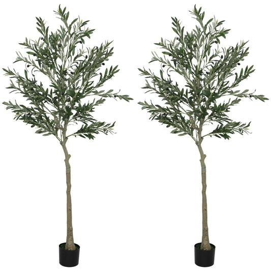 HOMCOM Set of 2 6ft Artificial Silk Olive Trees with Pot, 900 Leaves, 40 Olives, for Home/Office/Living Room Decor, Green