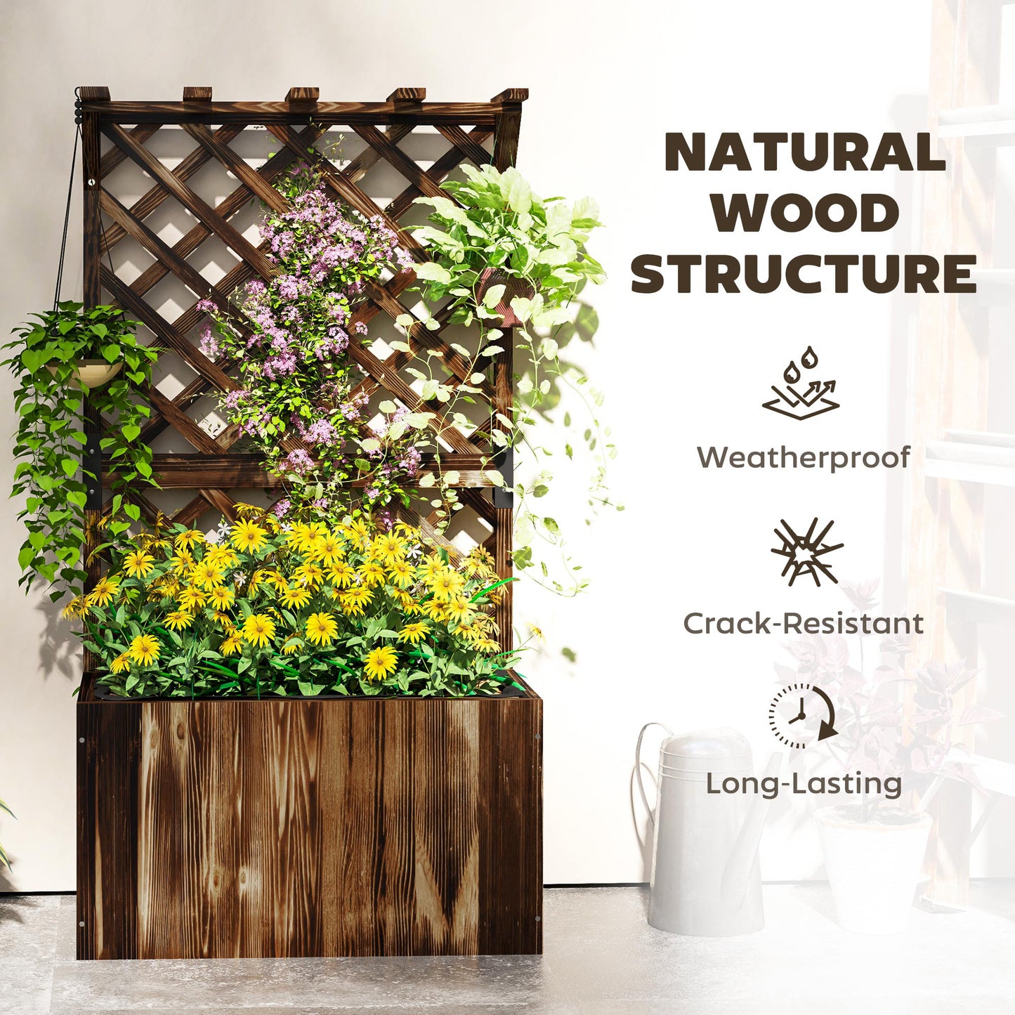 Outsunny Wooden Planter with Trellis, Freestanding Raised Garden Bed with Drainage Holes and Liner for Vegetables and Flowers, Carbonised