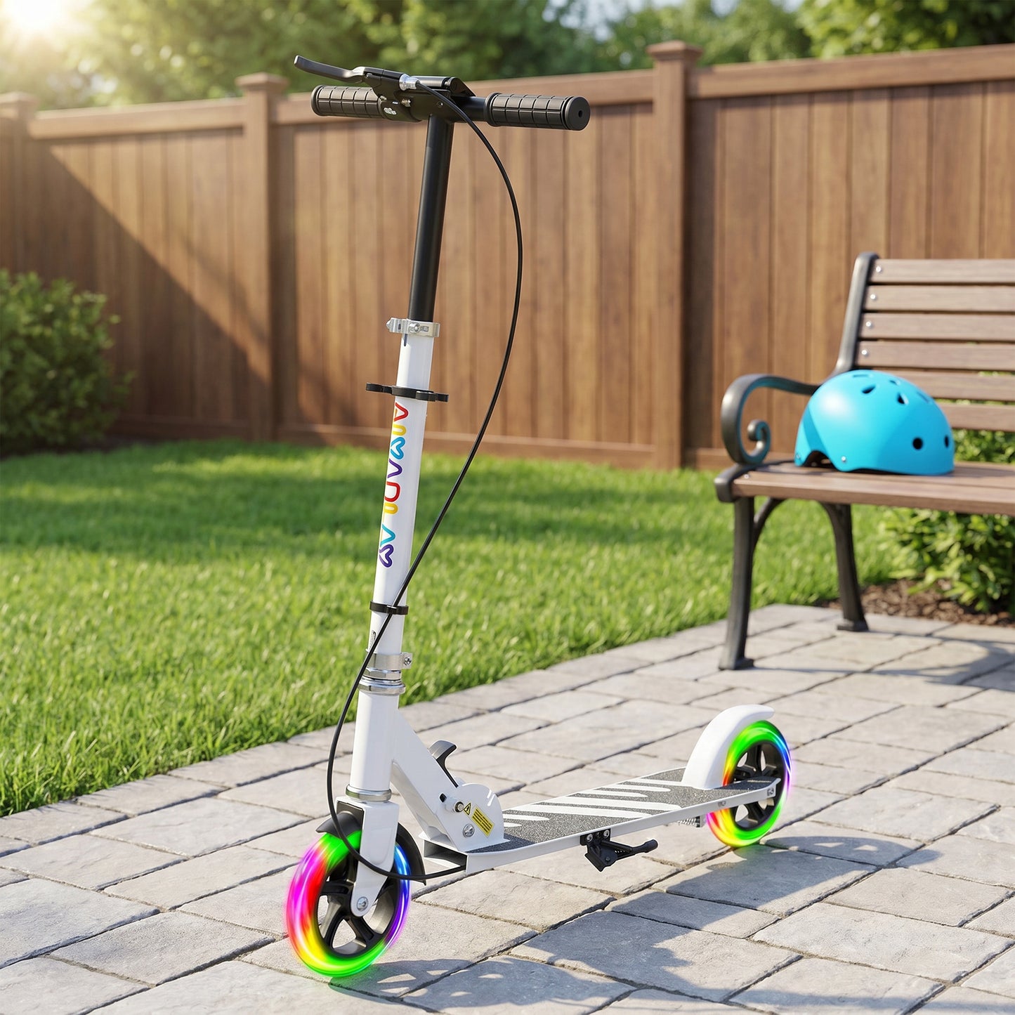 AIYAPLAY Scooter for Kids Aged 3-8 Years, with Adjustable Handle, Two Light Up Wheels, Handbrake, Rear Brake, White