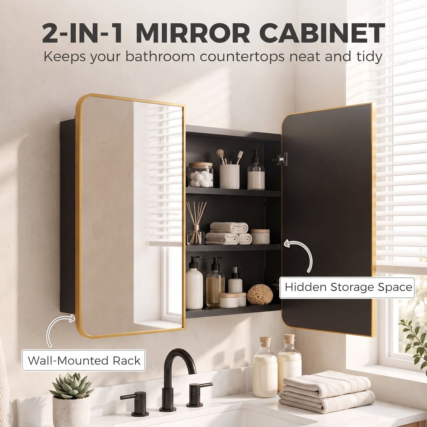 HOMCOM 76.2 x 11.6 x 61 cm Bathroom Mirror Cabinet, Wall Cabinet with Adjustable Shelves, Wall-Mounted or Recessed, Gold Tone