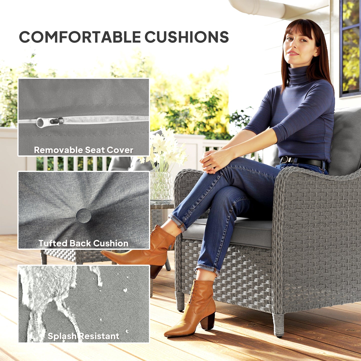 Outsunny Rattan Garden Chairs Set of 2, Outdoor Armchairs with Cushions & High Back, Steel Frame, PE Wicker for Balcony, Porch, Dark Grey