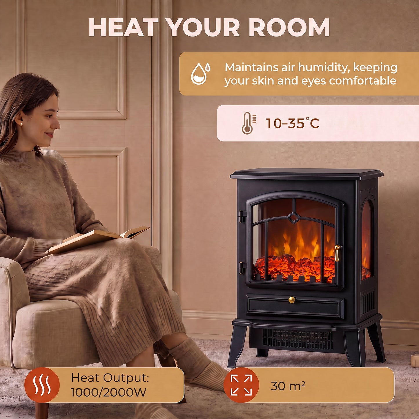 HOMCOM Electric Fireplace Stove, 1000/2000W 3-Sided Freestanding Fireplace Heater with 3D Flame Log, Thermostat, Black