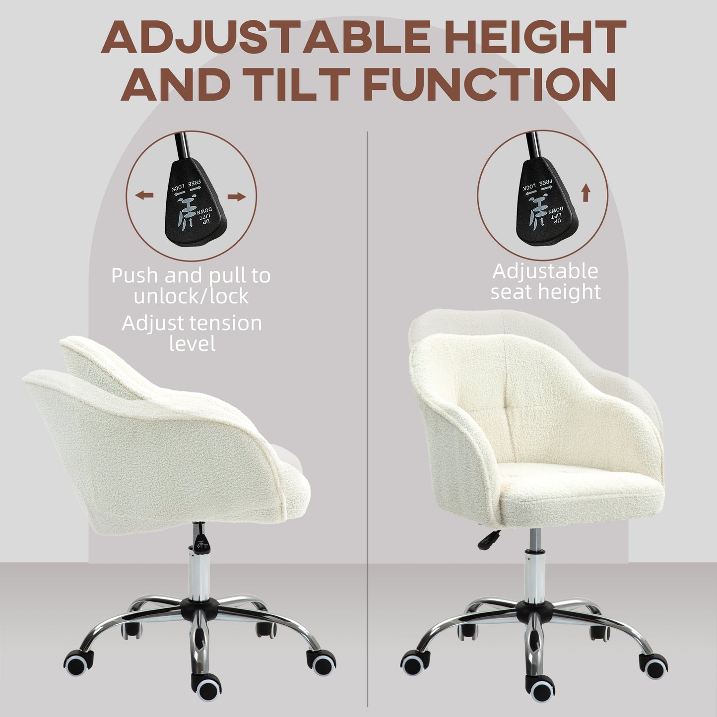 HOMCOM Computer Desk Chair, Fluffy Fabric Swivel Office Chair Height Adjustable Cream White