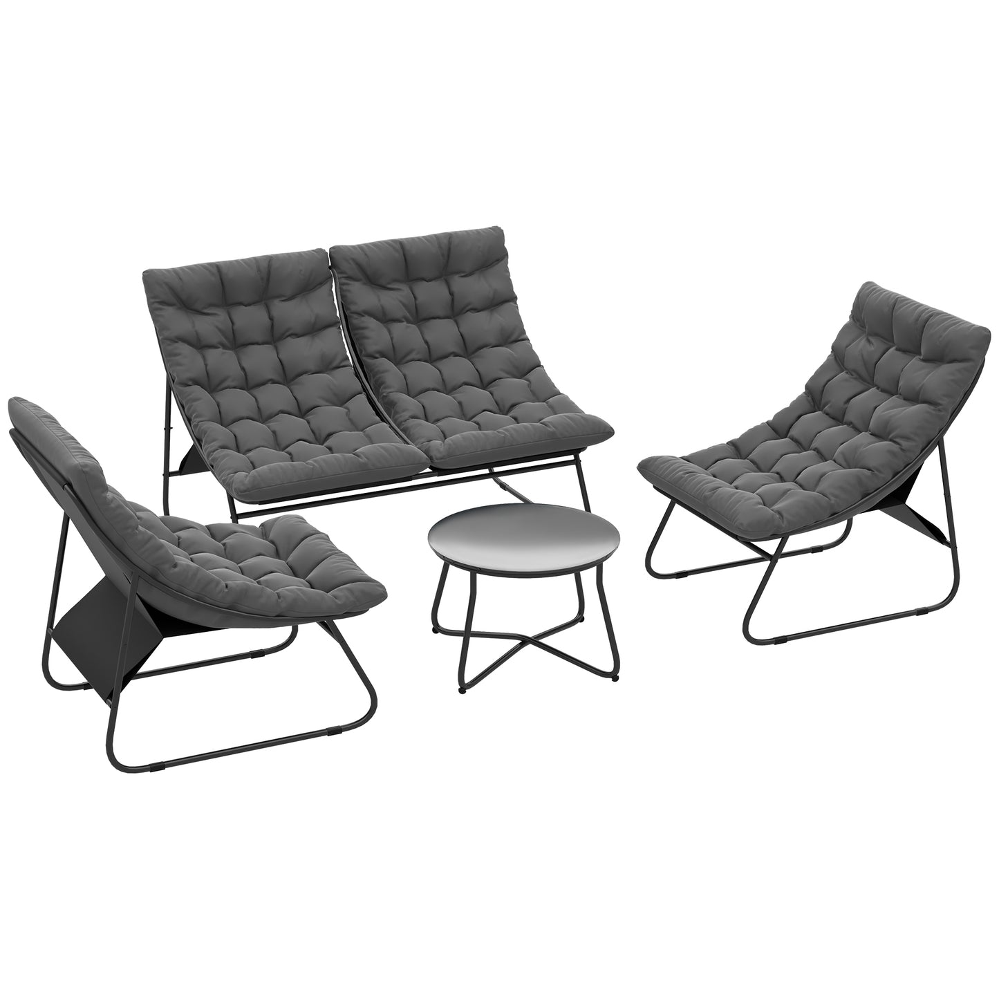 Outsunny 4 Seater Garden Furniture Set with Loveseat Sofa, Chairs, Glass Coffee Table, Cushions, Steel Outdoor Sofa, Grey