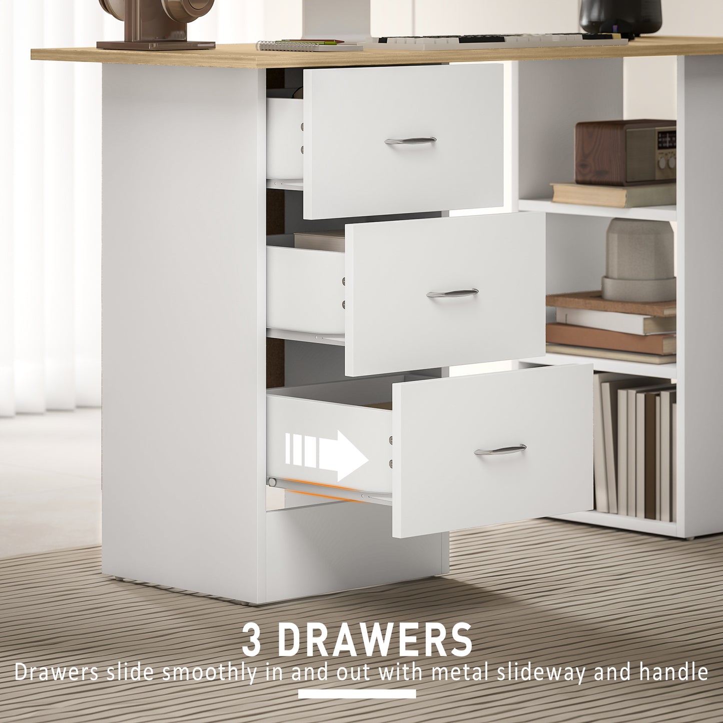 HOMCOM Computer Desk, Writing Table with 3 Shelves & Drawers, Silver Handle, for Home Office, Natural Wood & White Finish